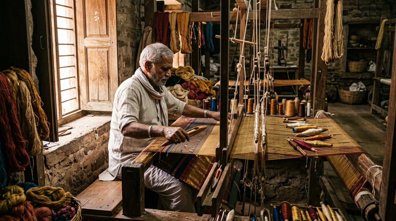 Artisan handloom weaving process